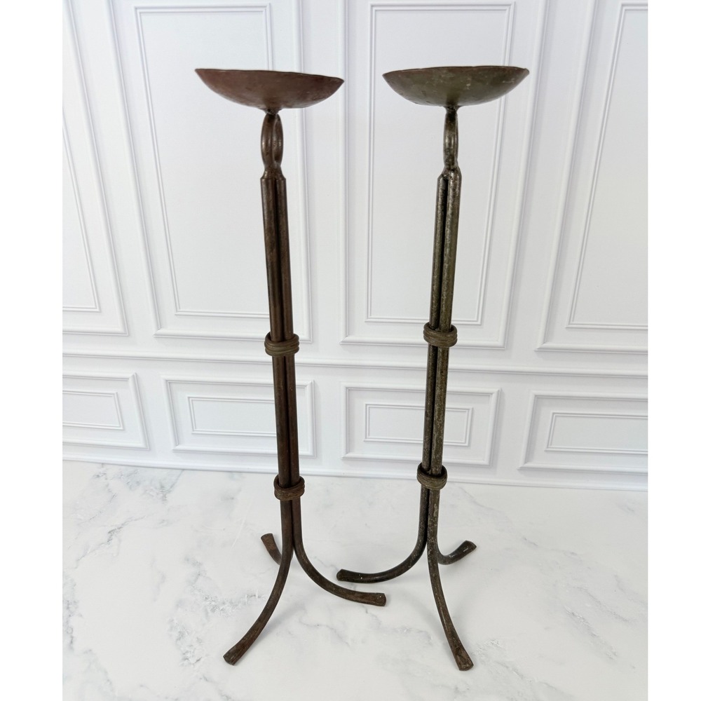 Vintage PAIR (2) Forged Wrought Iron Pillar 18" Candlesticks Holders Brutalist‎